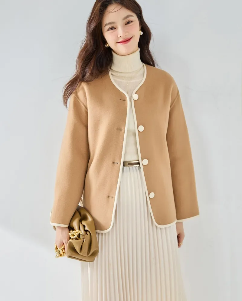 23 Cappotto di lana double face in lana autunno e inverno a contrasto di colore Cappotto corto casual con collo rotondo e spalla