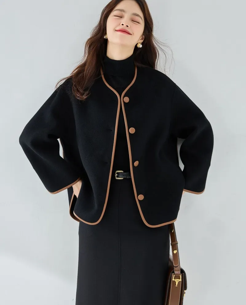 23 Cappotto di lana double face in lana autunno e inverno a contrasto di colore Cappotto corto casual con collo rotondo e spalla