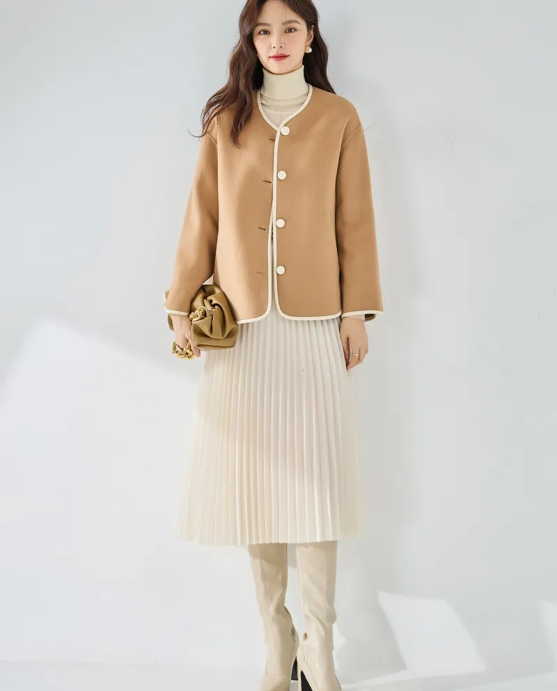 23 Cappotto di lana double face in lana autunno e inverno a contrasto di colore Cappotto corto casual con collo rotondo e spalla