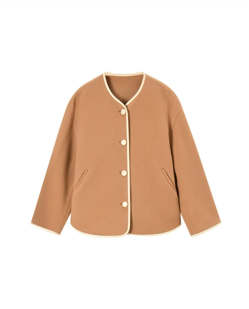 23 Cappotto di lana double face in lana autunno e inverno a contrasto di colore Cappotto corto casual con collo rotondo e spalla