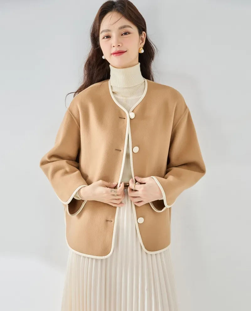 23 Cappotto di lana double face in lana autunno e inverno a contrasto di colore Cappotto corto casual con collo rotondo e spalla