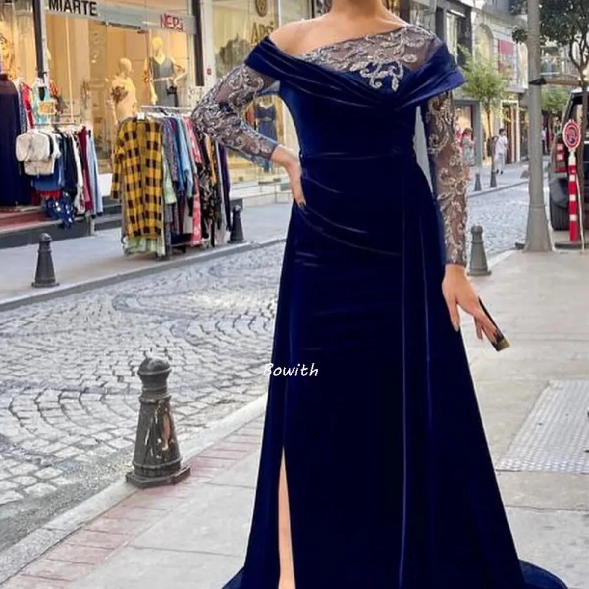 Abito da sera in velluto per donna Abiti da festa di Natale a sirena Maniche lunghe con perline Abito ricamato Occasioni formali