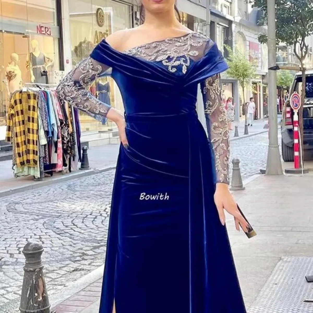 Abito da sera in velluto per donna Abiti da festa di Natale a sirena Maniche lunghe con perline Abito ricamato Occasioni formali