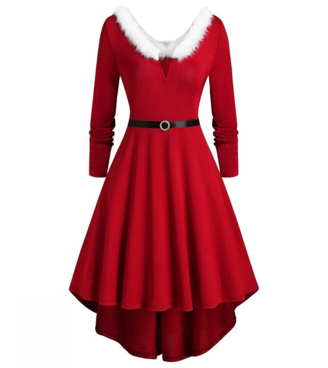 Abito lungo da festa di Natale Abito da donna con scollo a V rosso Abito invernale bianco in peluche Abito longuette asimmetrico