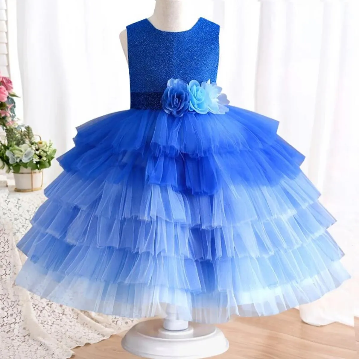 Abito per bambini Abito da principessa con fiori ricamati in pizzo soffice Abito da ballo di Natale per capodanno Jacquar con pe