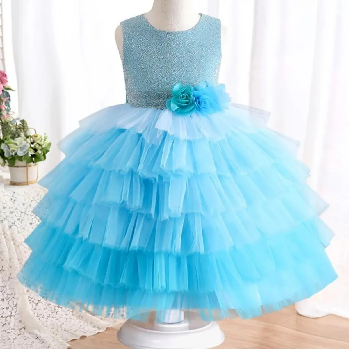 Abito per bambini Abito da principessa con fiori ricamati in pizzo soffice Abito da ballo di Natale per capodanno Jacquar con pe