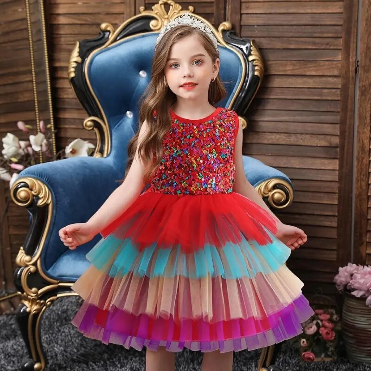 Abito per bambini Festa di compleanno Ballo con paillettes Ricamo Abito in rete Ragazza Festa di Natale Abito in tutù in maglia