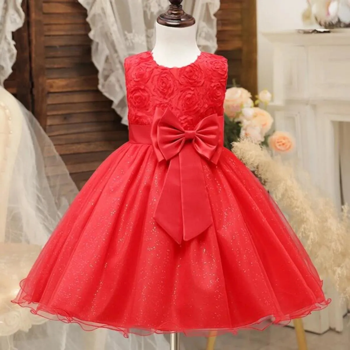 Abito rosso di Natale per ragazze Elegante abito da festa di compleanno per ragazza di fiore Abito da principessa per matrimonio
