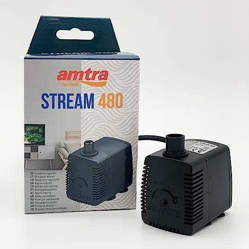 Amtra Stream 480 - Pompa per acquario ad immersione, silenziosa, portata d'acqua regolabile, 480 lt/h - 4,3W - 230v, Piccola Pom