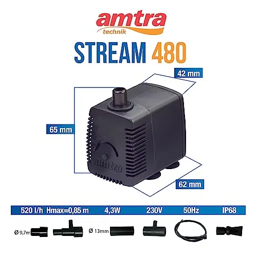 Amtra Stream 480 - Pompa per acquario ad immersione, silenziosa, portata d'acqua regolabile, 480 lt/h - 4,3W - 230v, Piccola Pom