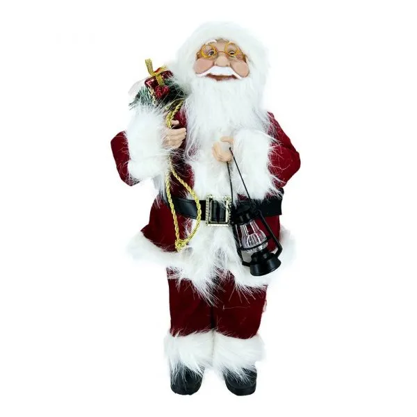 Babbo Natale con abito Rosso in Piedi con Sacco di Doni e Lanterna – H 45 cm