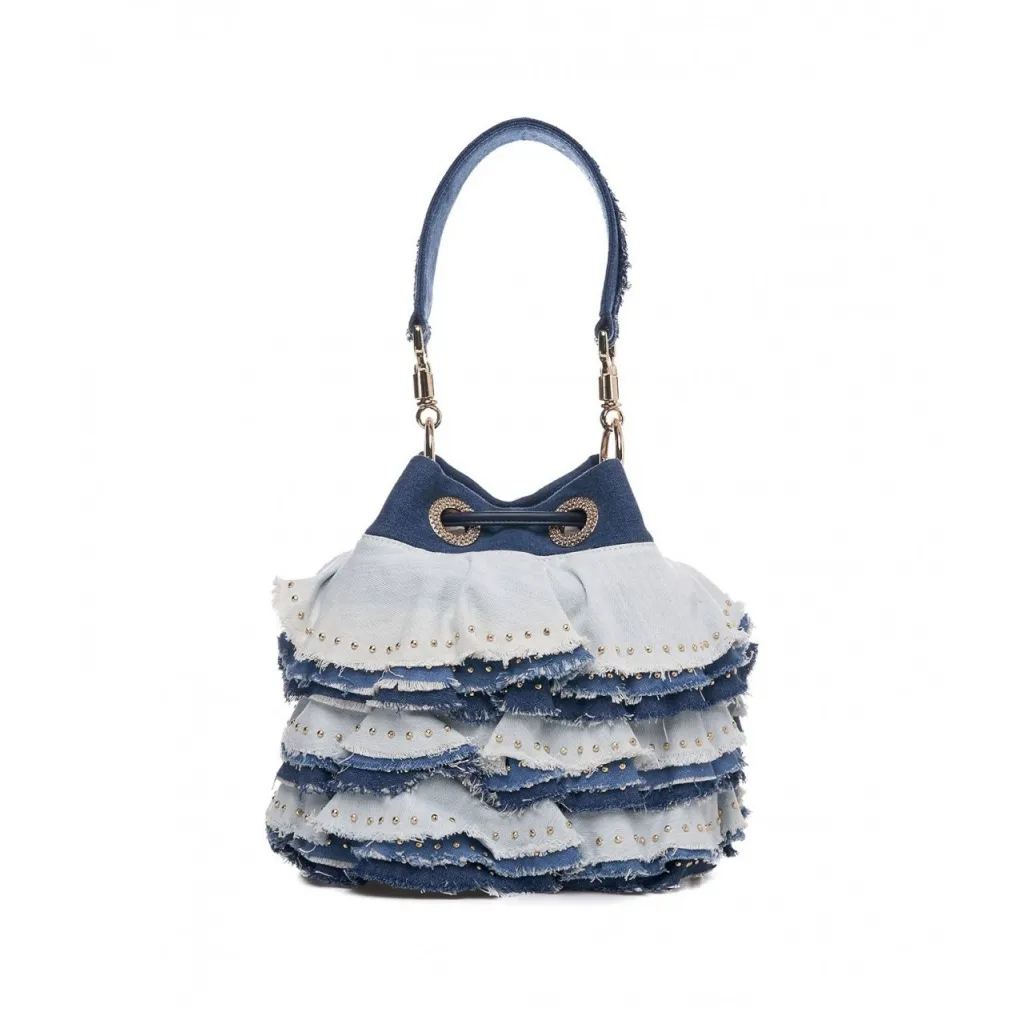 Borsa a secchiello con volant in denim blu