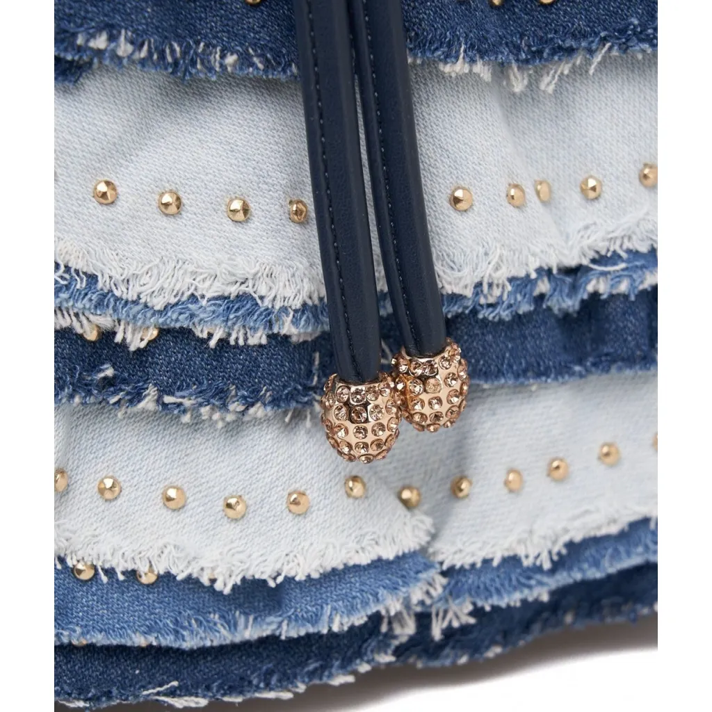 Borsa a secchiello con volant in denim blu