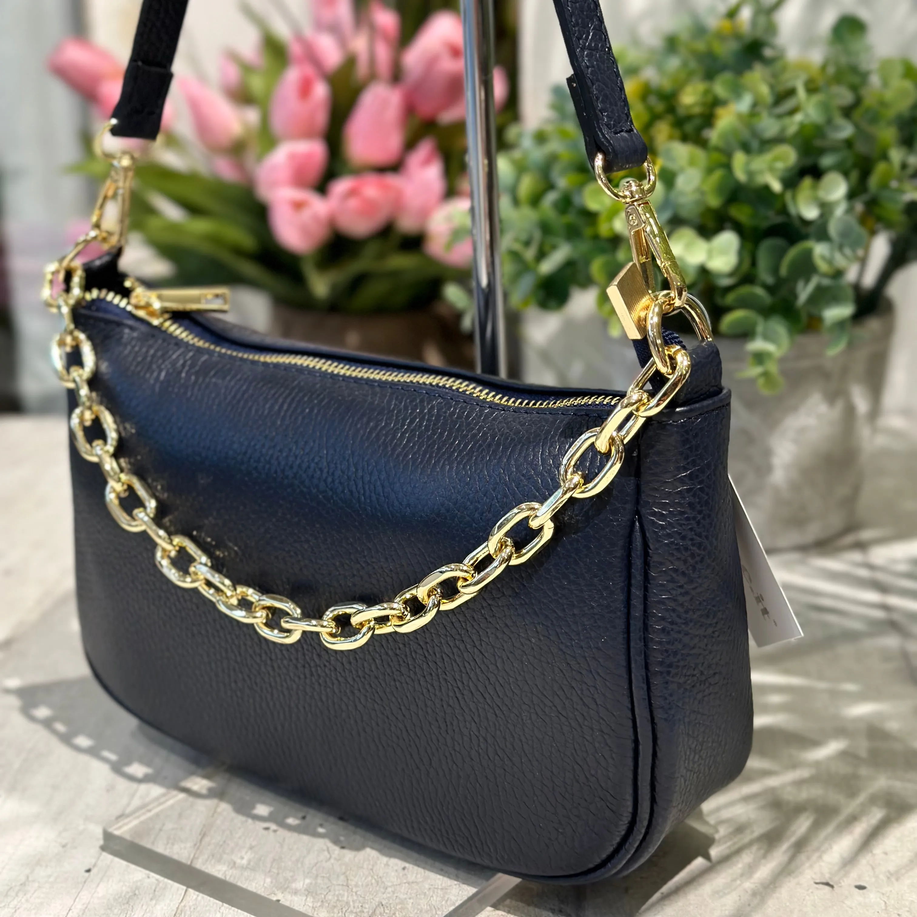 Borsa in Pelle Classica Blu Scuro con Catena a Spalla