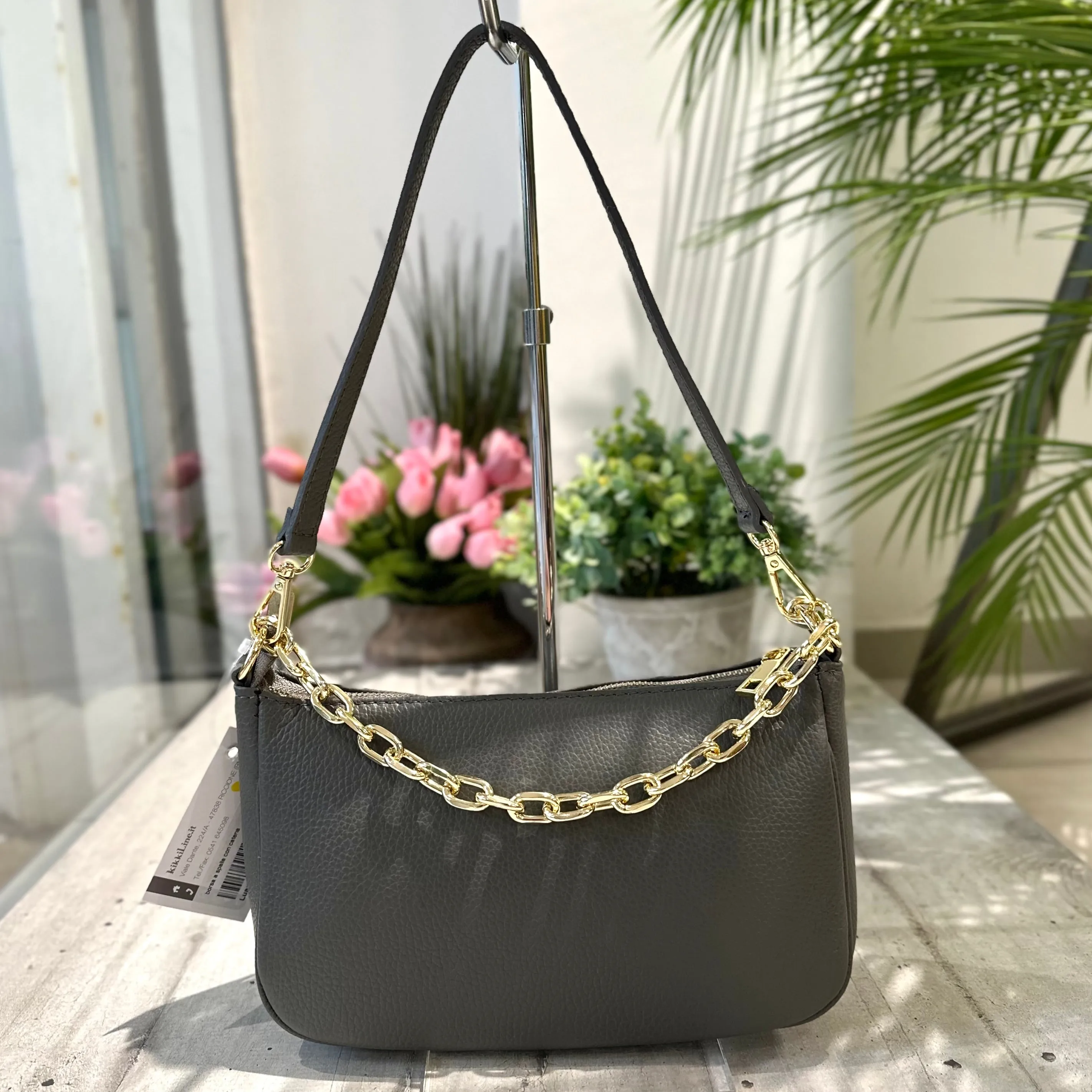 Borsa in Pelle Classica Grigio con Catena a Spalla