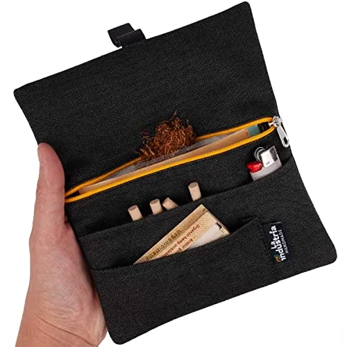 Borsello portatabacco idrorepellente - Astuccio porta tabacco, cartine, filtri e accendino (Cerniera gialla)