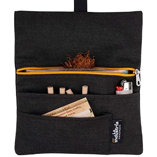 Borsello portatabacco idrorepellente - Astuccio porta tabacco, cartine, filtri e accendino (Cerniera gialla)