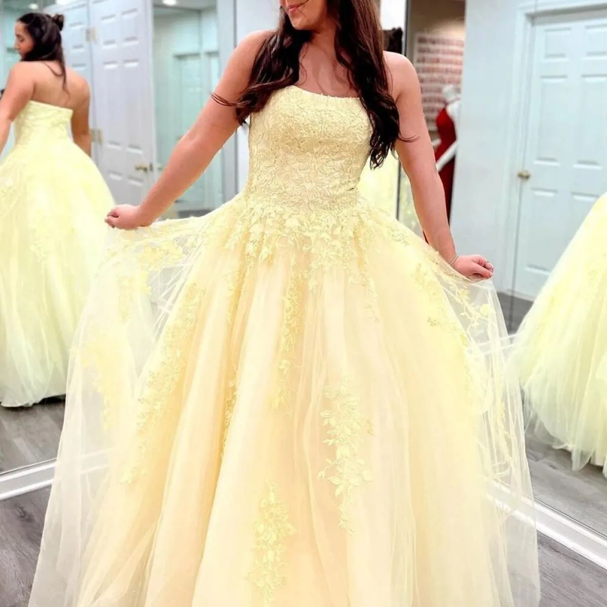 Bowith Abiti eleganti gialli per le donne Abiti da ballo applique Abiti da festa da sera in pizzo Abito di lusso per feste di ga