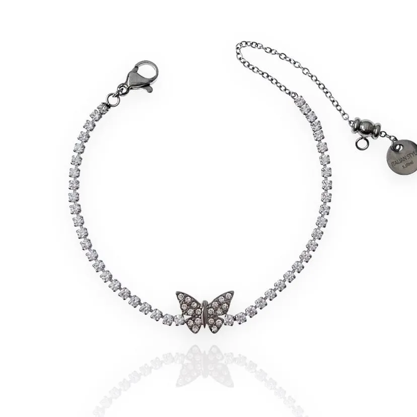 Bracciale Donna Tennis Strass Ciondolo Farfalla Casual Elegante Gioiello