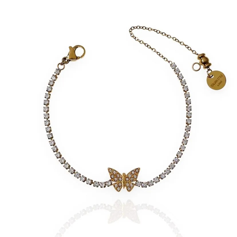 Bracciale Donna Tennis Strass Ciondolo Farfalla Casual Elegante Gioiello