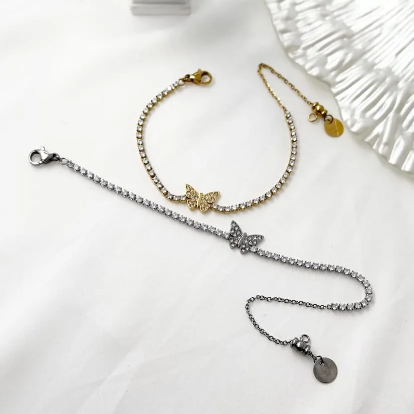 Bracciale Donna Tennis Strass Ciondolo Farfalla Casual Elegante Gioiello