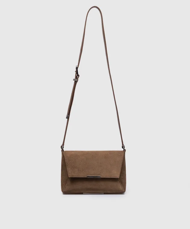 Brunello Cucinelli Borsa a tracolla a busta in camoscio marrone con logo MBHID3681