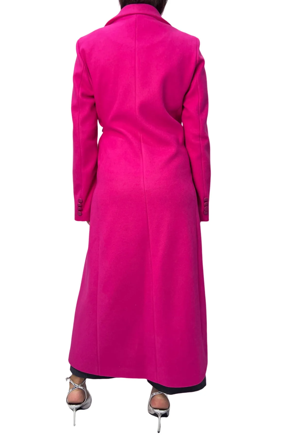 Cappotto donna lungo in panno con manica classica e cintura dettaglio catena oro
