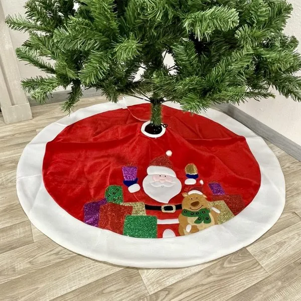 Copribase in Tessuto Rosso con Babbo Natale e Renna decorati con Glitter Oro, Rosso e Verde con Bordo Bianco – Ø 120 cm