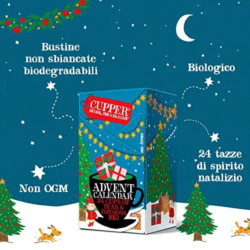 Cupper Calendario dell'Avvento Biologico, Cofanetto Assortito di 12 Tè e Infusi Biologici e 100% Naturali, Filtri 100% Biodegrad