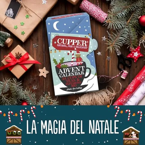 Cupper Calendario dell'Avvento Biologico, Cofanetto Assortito di 12 Tè e Infusi Biologici e 100% Naturali, Filtri 100% Biodegrad