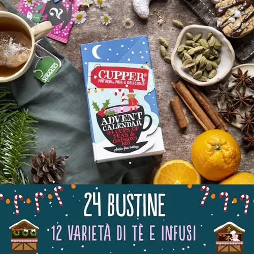 Cupper Calendario dell'Avvento Biologico, Cofanetto Assortito di 12 Tè e Infusi Biologici e 100% Naturali, Filtri 100% Biodegrad