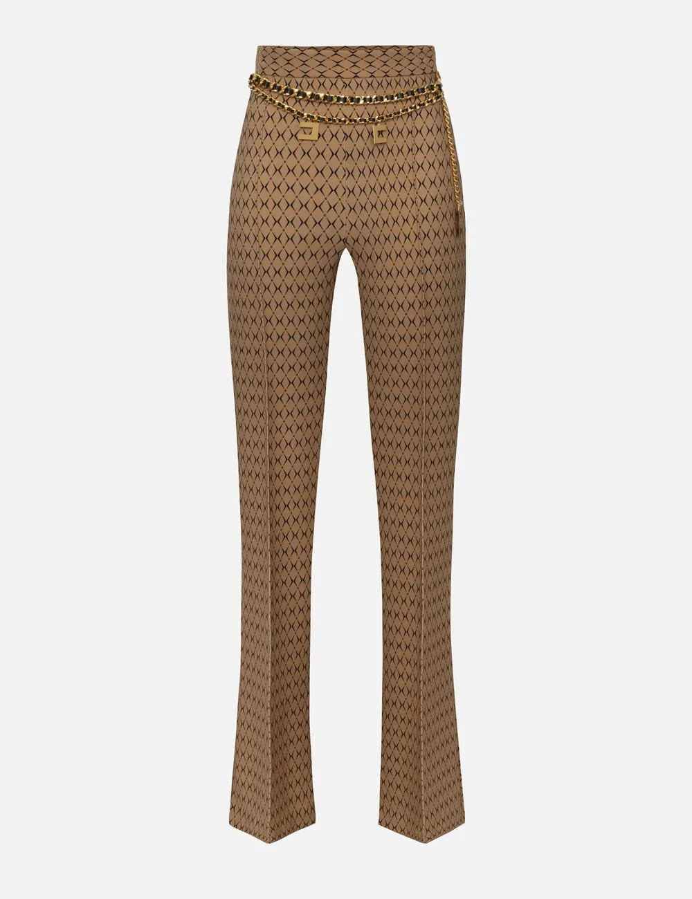 Elisabetta Franchi     Pantalone a palazzo in crêpe stampa rombo con catena camel nero
