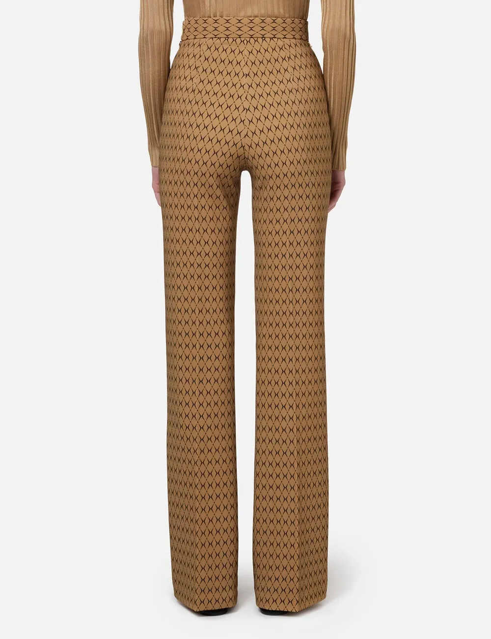 Elisabetta Franchi     Pantalone a palazzo in crêpe stampa rombo con catena camel nero