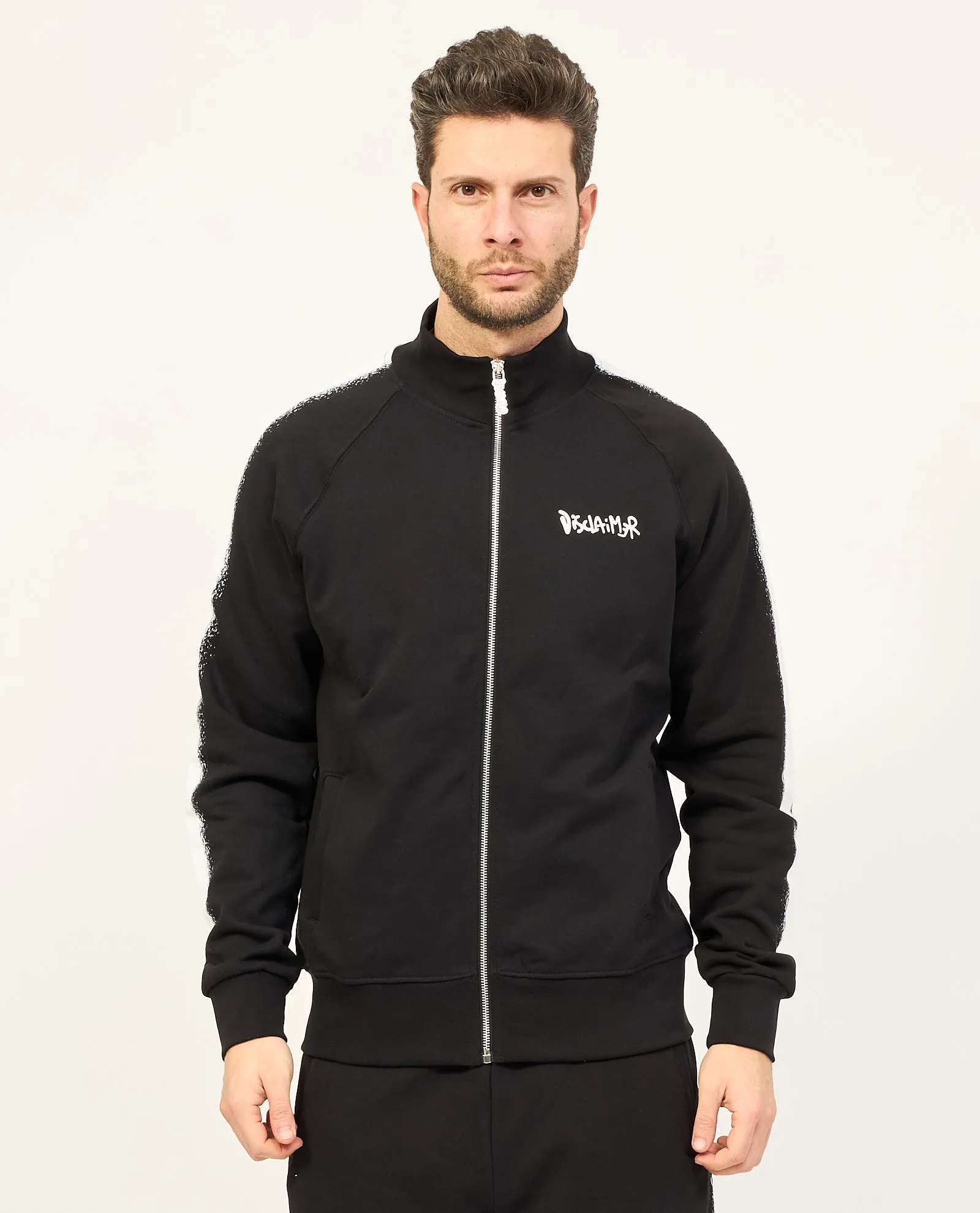 Felpa nera Disclaimer fullzip con logo sul petto