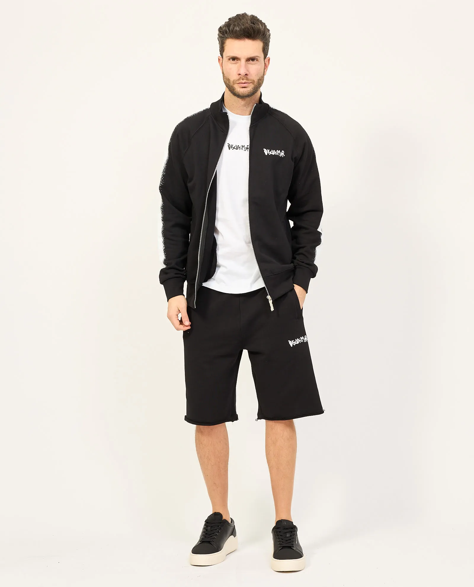 Felpa nera Disclaimer fullzip con logo sul petto