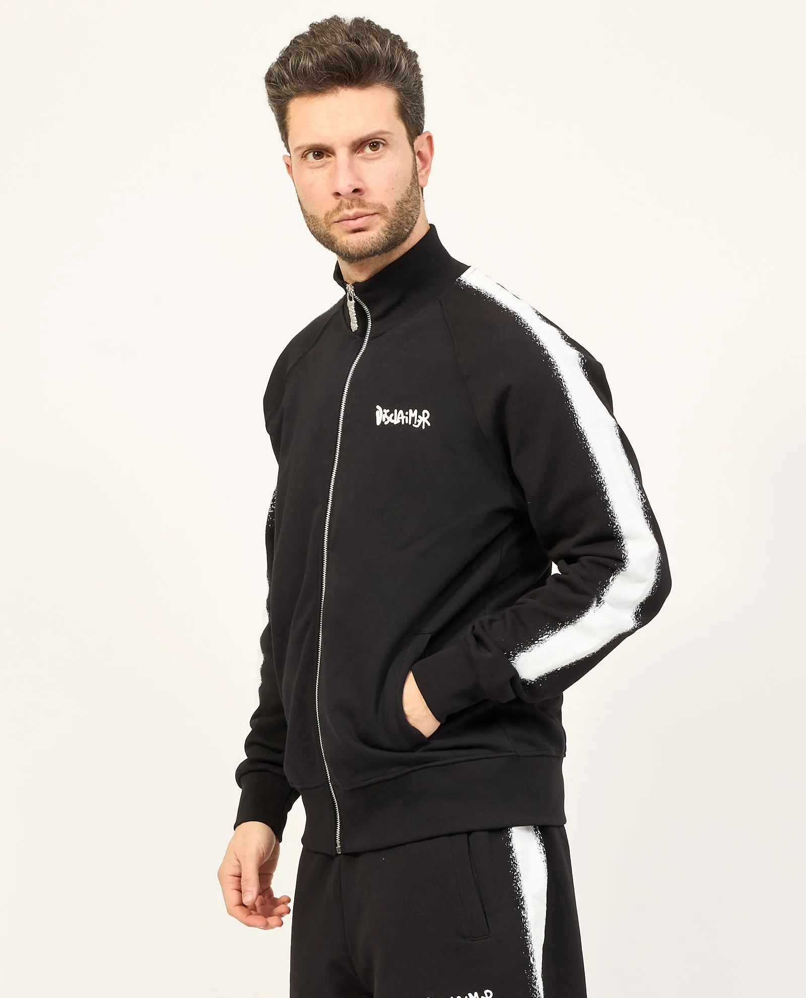 Felpa nera Disclaimer fullzip con logo sul petto