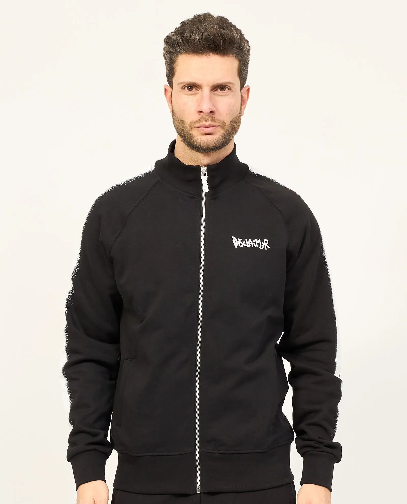 Felpa nera Disclaimer fullzip con logo sul petto