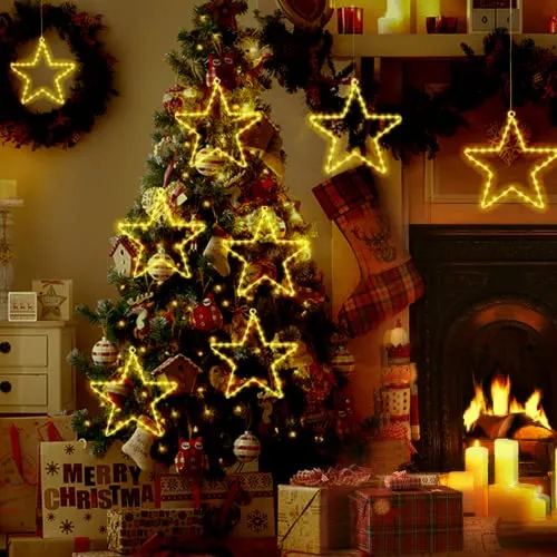Luci Led Natale Stelle,2 Piece Luci Natalizie con 40 Led Bianco Caldo 8 Modalità Batteria Alimentata Led Luci Illuminazione Deco