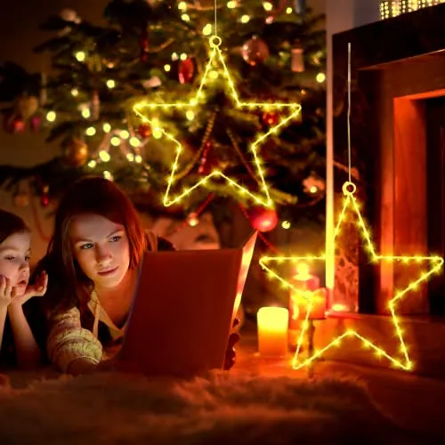 Luci Led Natale Stelle,2 Piece Luci Natalizie con 40 Led Bianco Caldo 8 Modalità Batteria Alimentata Led Luci Illuminazione Deco