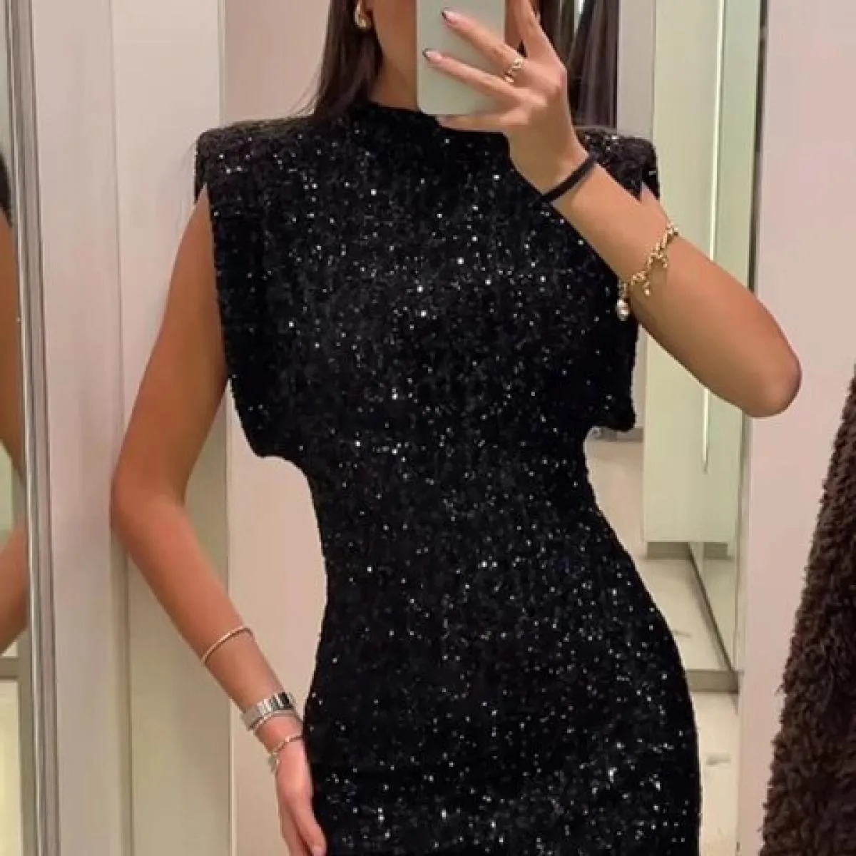 Mini abito corto con paillettes per donna Abito da festa di Natale senza maniche con maniche lunghe