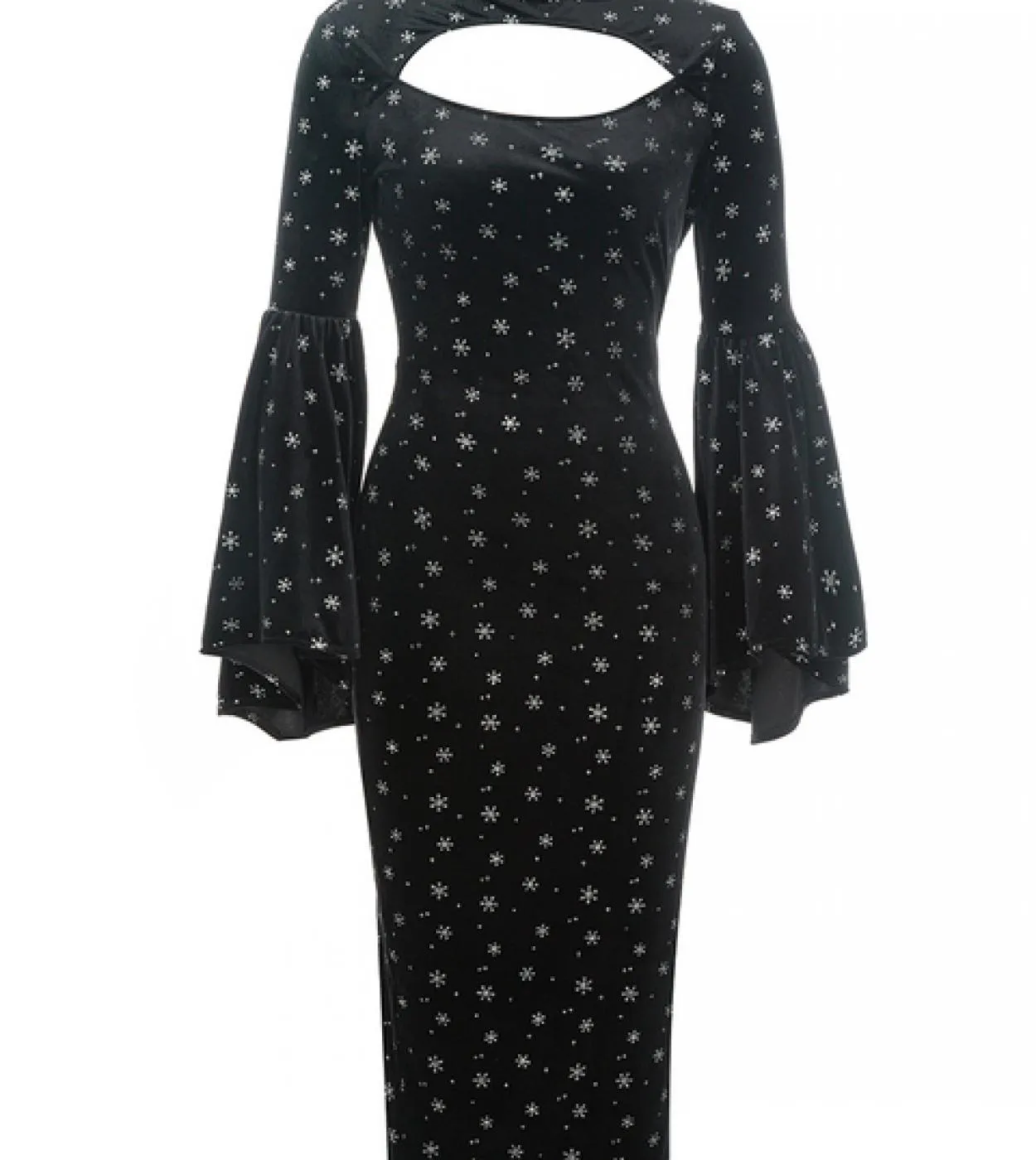 O Neck Cutout Manica svasata Abito lungo aderente Elegante fiore di neve Natale Abito a maniche lunghe nero Celebrity Runway Pa