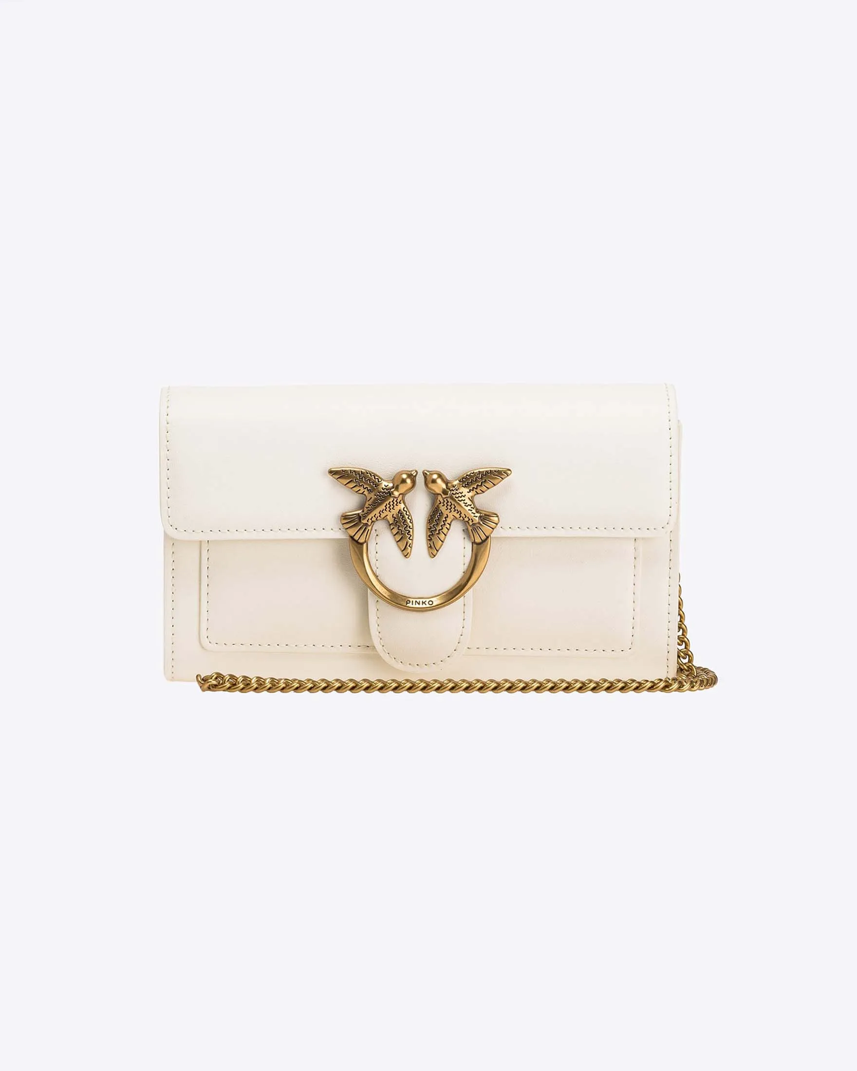 Pocket Love Bag in pelle avorio con patta di chiusura e fibbia dorata Love Birds