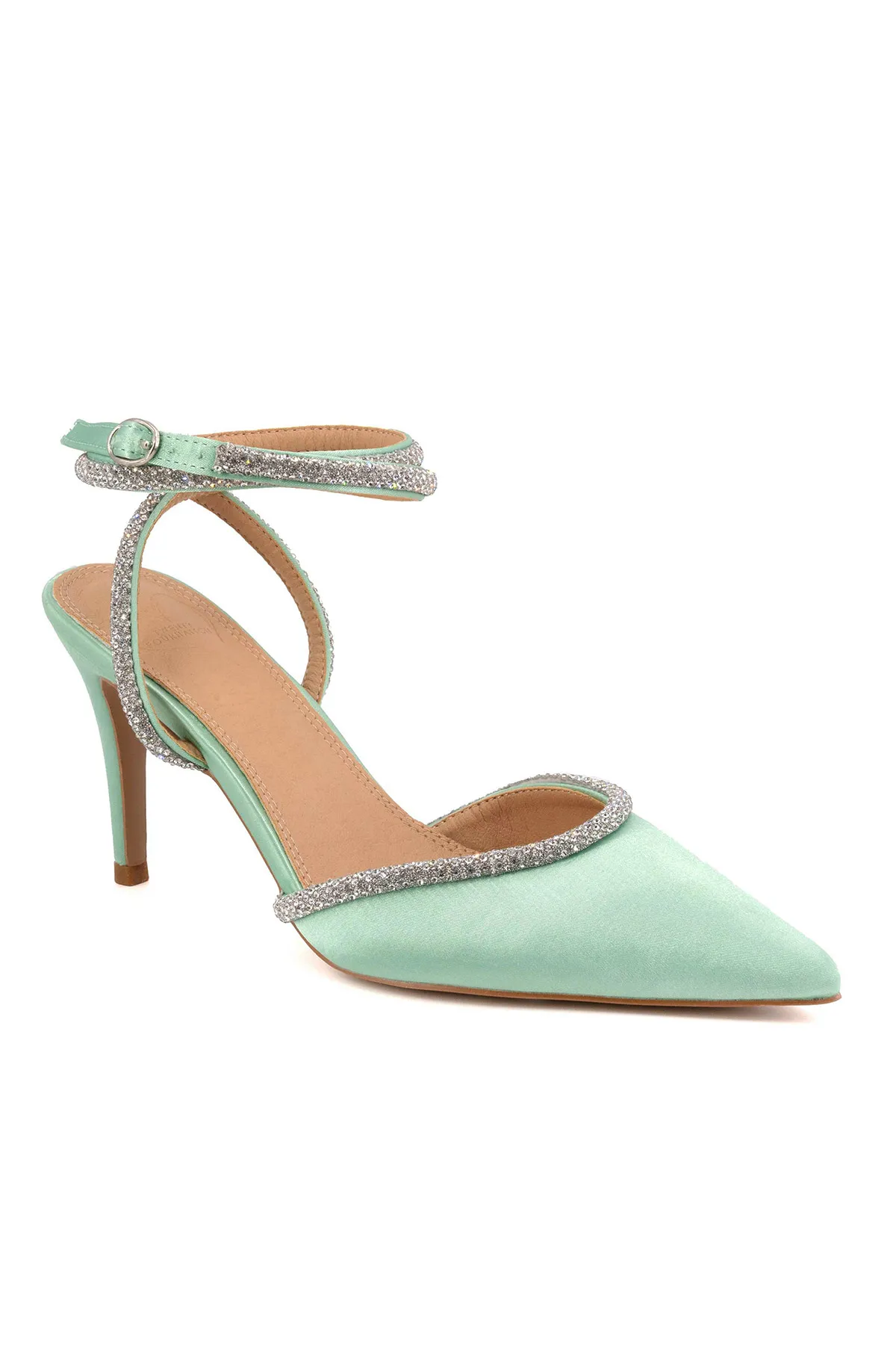 Scarpa donna decollete aperto in satin bordi e bracciale in microstrass doppio giro regolabile
