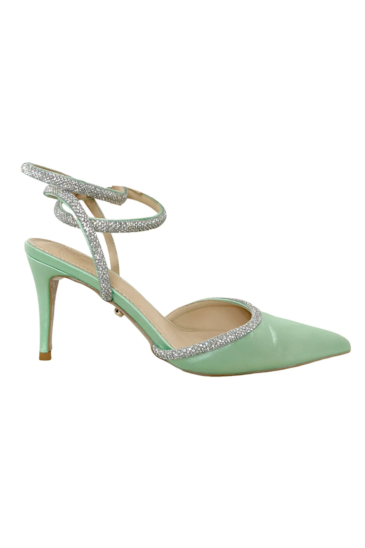 Scarpa donna decollete aperto in satin bordi e bracciale in microstrass doppio giro regolabile
