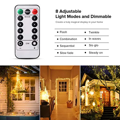 TOPYIYI Catena Luminosa Esterno【2 Pezzi】, 12M 120LED Stringhe Luci LED a Batteria, Luci Natale Impermeabile, Luci da Esterno e I