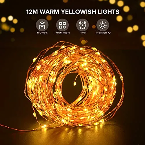 TOPYIYI Catena Luminosa Esterno【2 Pezzi】, 12M 120LED Stringhe Luci LED a Batteria, Luci Natale Impermeabile, Luci da Esterno e I